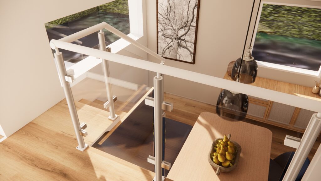 vue plongeante depuis la cuisine sur escalier